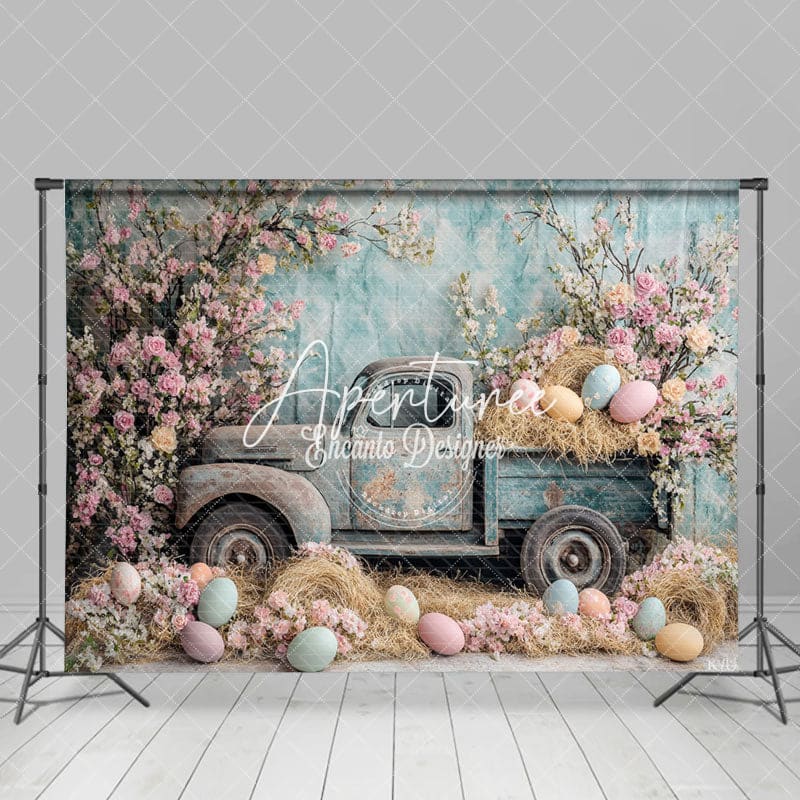 Aperturee - Aperturee Retro Truck Haystack With Eggs Floral Easter Backdrop