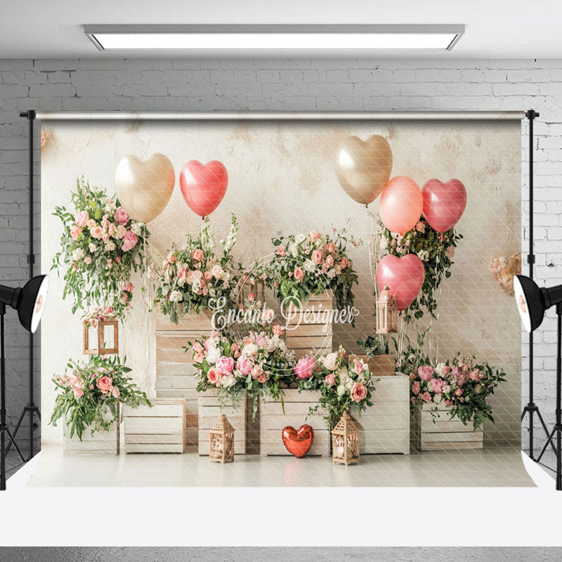 Aperturee - Aperturee Retro Wall Heart Balloons Floral Romantic Backdrop