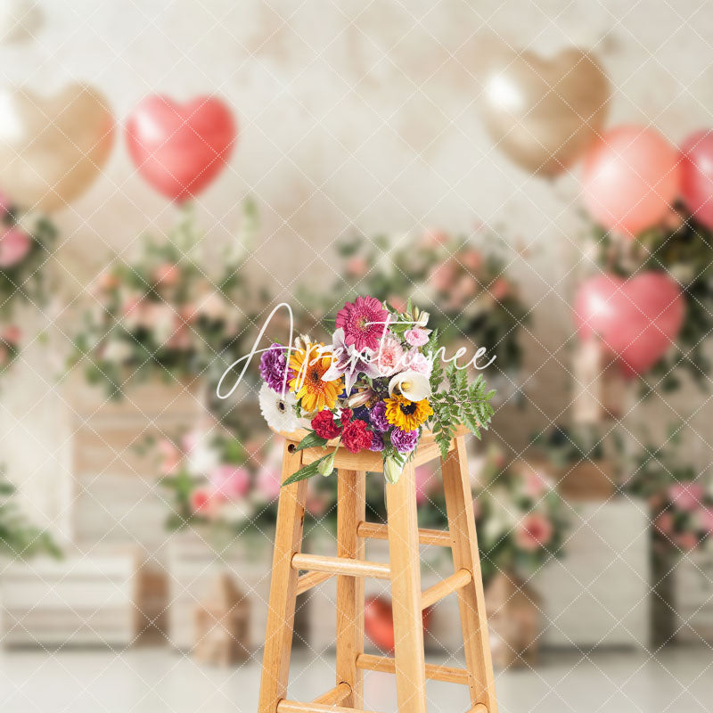 Aperturee - Aperturee Retro Wall Heart Balloons Floral Romantic Backdrop