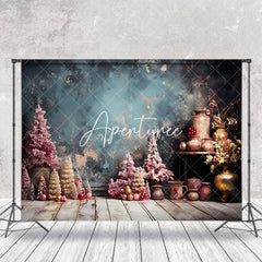 Aperturee - Aperturee Retro Wall Pink Xmas Trees Bells Christmas Backdrop