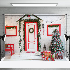 Aperturee - Aperturee Retro Wall Red Door Window Chair Christmas Backdrop