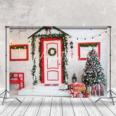 Aperturee - Aperturee Retro Wall Red Door Window Chair Christmas Backdrop