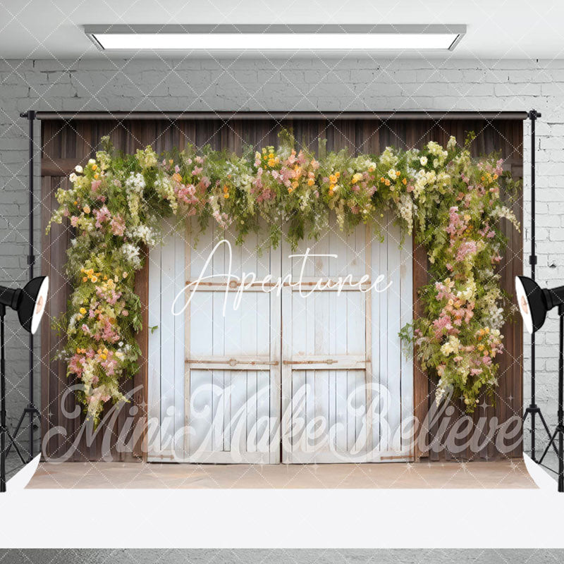 Aperturee - Aperturee Retro White Wooden Door Greenery Room Set Backdrop