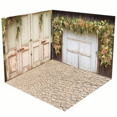 Aperturee - Aperturee Retro White Wooden Door Greenery Room Set Backdrop