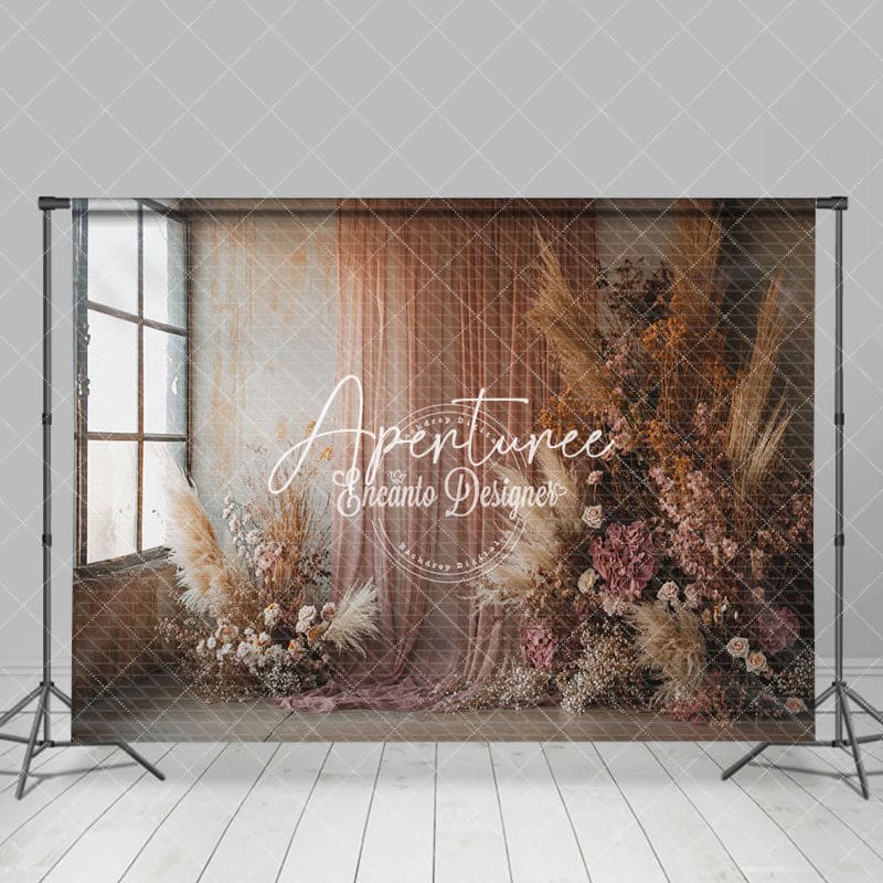 Aperturee - Aperturee Retro Window Boho Reed Floral Wedding Photo Backdrop