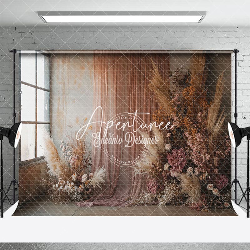 Aperturee - Aperturee Retro Window Boho Reed Floral Wedding Photo Backdrop