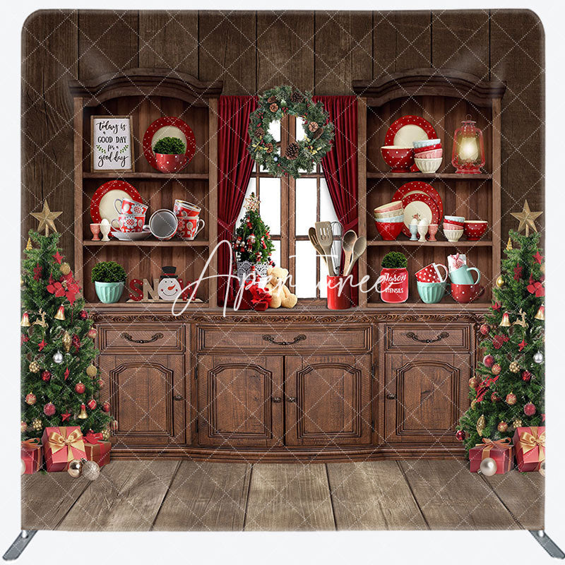 Aperturee - Aperturee Retro Wood Cupboard Christmas Tension Fabric Backdrop