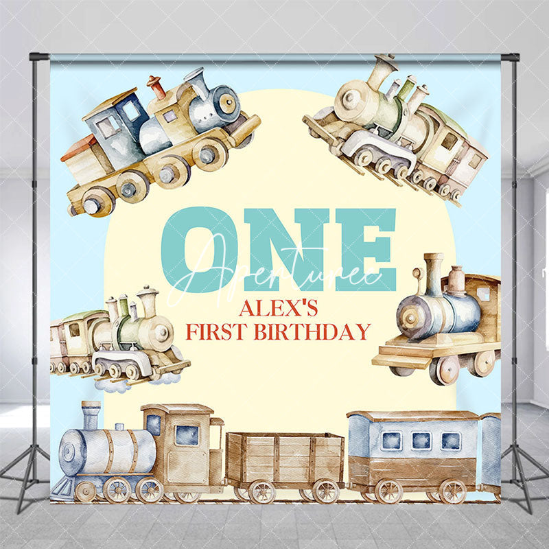 Aperturee - Aperturee Retro Wood Train Custom Name One Birthday Backdrop