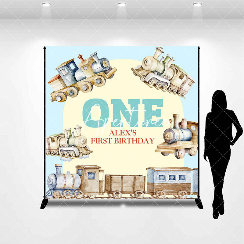 Aperturee - Aperturee Retro Wood Train Custom Name One Birthday Backdrop