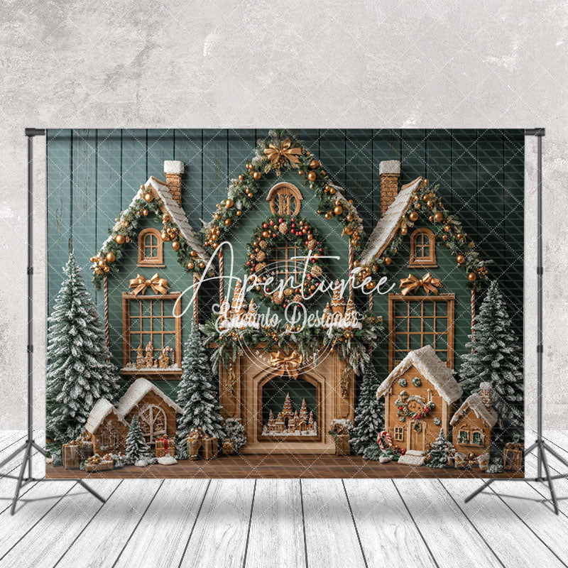 Aperturee - Aperturee Retro Wood Wall Teal House Tree Christmas Backdrop