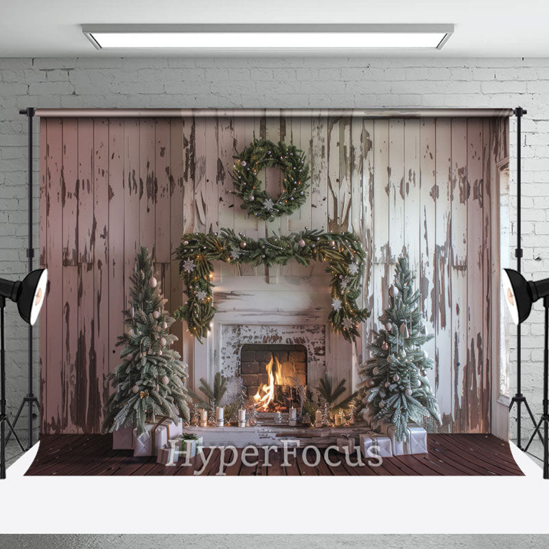 Aperturee - Aperturee Retro Wood Wall Warm Fireplace Christmas Backdrop