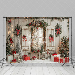 Aperturee - Aperturee Retro Wood Window Wall Festive Christmas Backdrop