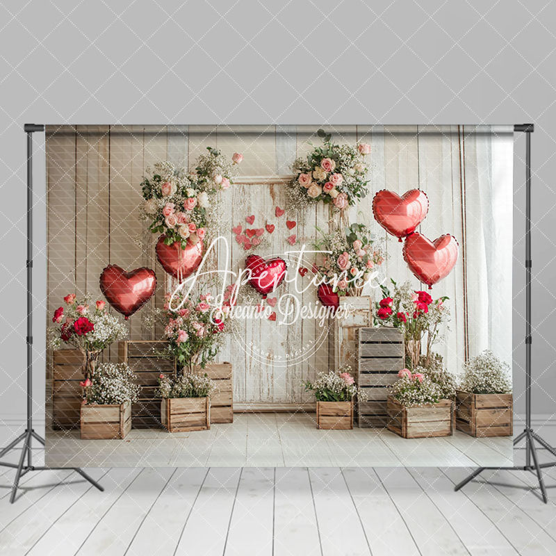 Aperturee - Aperturee Retro Wooden Floral Balloons Valentines Day Backdrop