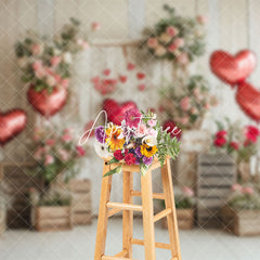 Aperturee - Aperturee Retro Wooden Floral Balloons Valentines Day Backdrop