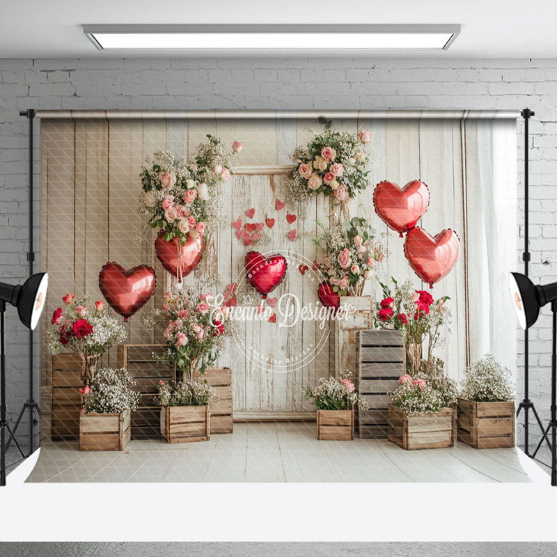 Aperturee - Aperturee Retro Wooden Floral Balloons Valentines Day Backdrop