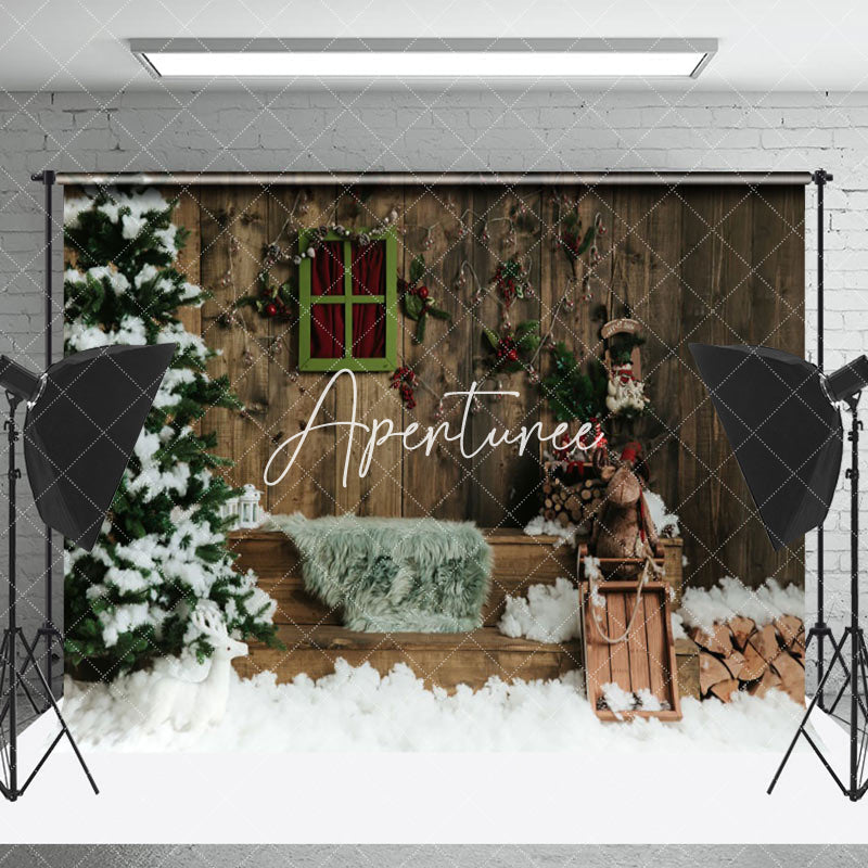 Aperturee - Aperturee Retro Wooden Light String Snow Scene Photo Backdrop