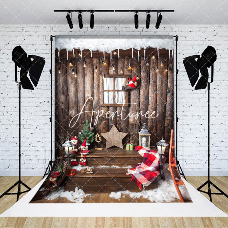 Aperturee - Aperturee Retro Wooden Staris Snowy Christmas Vibe Backdrop