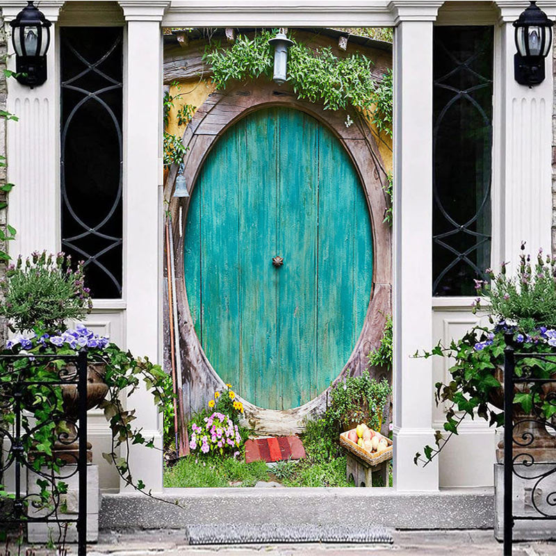 Aperturee - Aperturee Retro Wooden Teal Wall Spring Greenery Door Cover