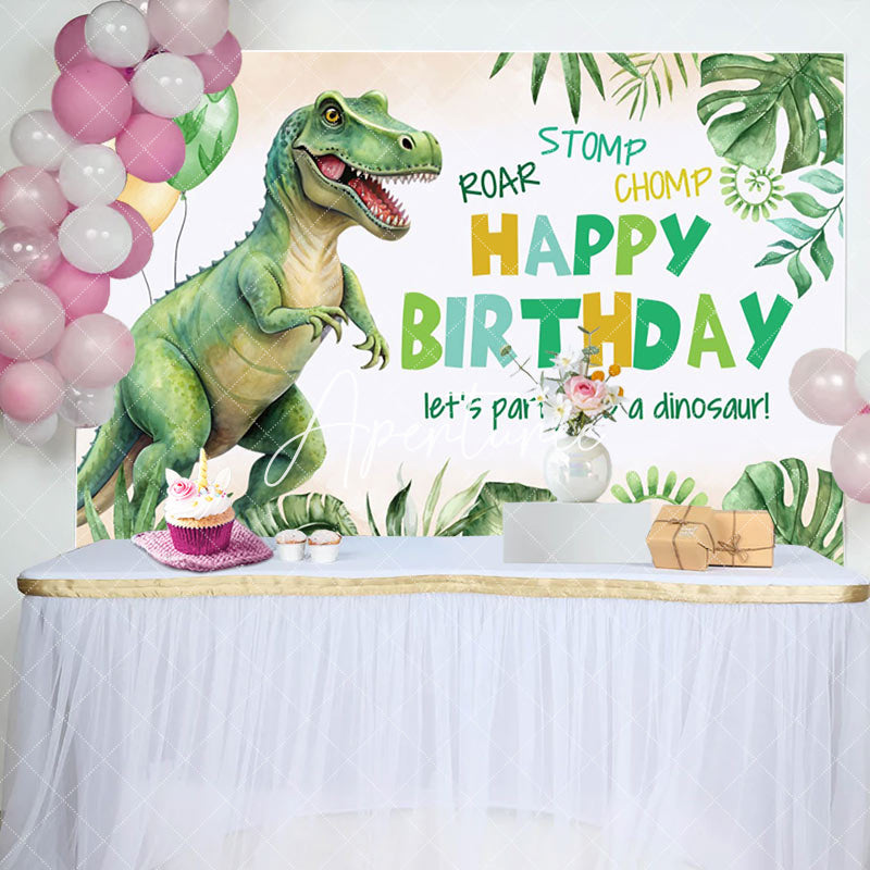 Aperturee - Aperturee Roar Chomp Dinosuar Green Leaves Birthday Backdrop