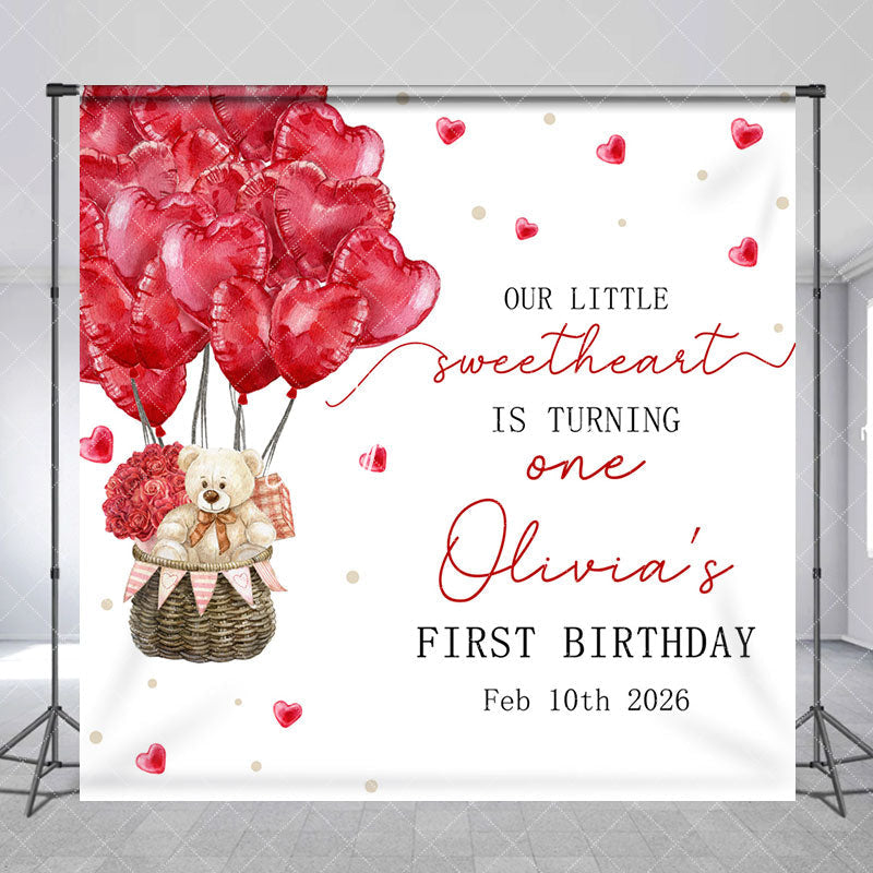 Aperturee - Aperturee Romantic Balloons Bear Custom 1st Birthday Backdrop