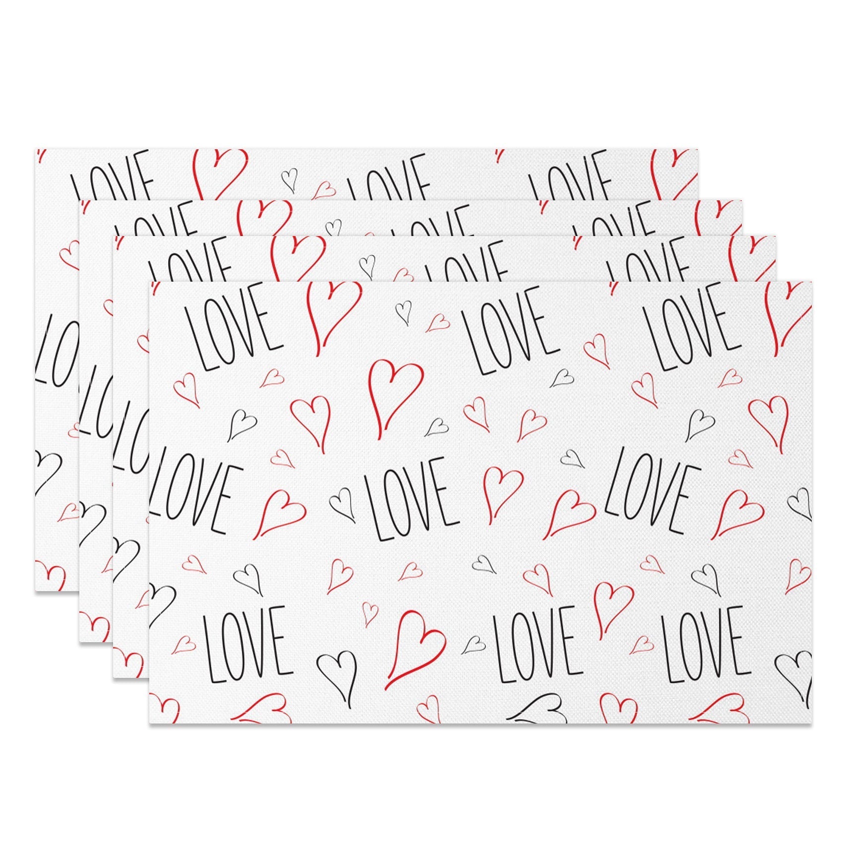 Aperturee - Aperturee Romantic Black Line Love Red Heart Set Of 4 Placemats