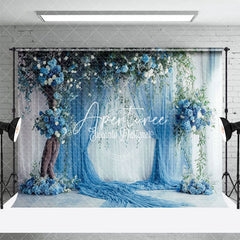 Aperturee - Aperturee Romantic Blue Curtain Tree Floral Wedding Backdrop