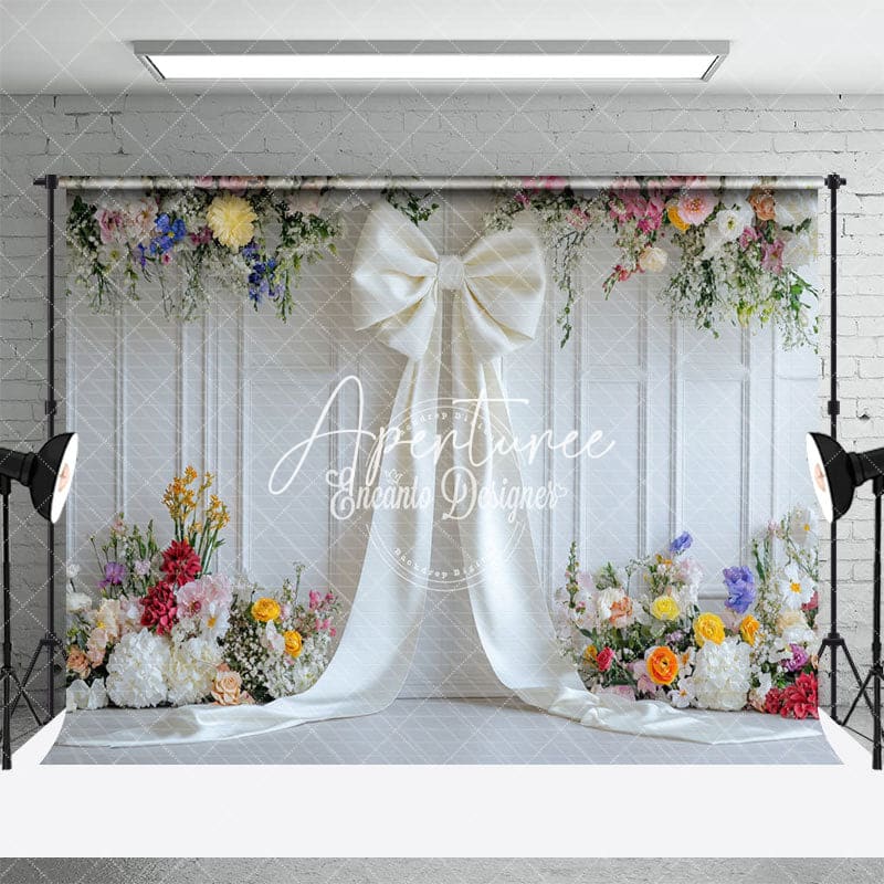 Aperturee - Aperturee Romantic Color Floral White Bow Wedding Photo Backdrop