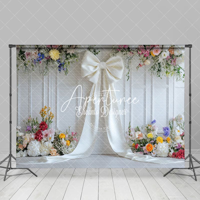 Aperturee - Aperturee Romantic Color Floral White Bow Wedding Photo Backdrop