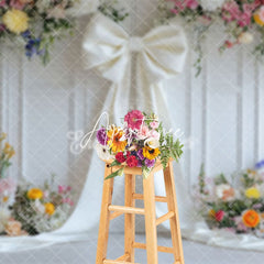 Aperturee - Aperturee Romantic Color Floral White Bow Wedding Photo Backdrop