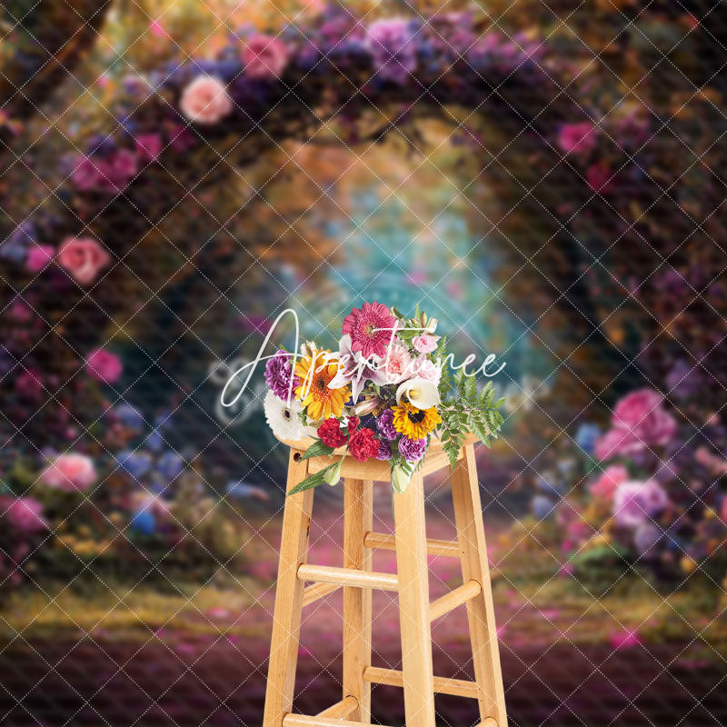 Aperturee - Aperturee Romantic Colorful Floral Arch Forest Wedding Backdrop