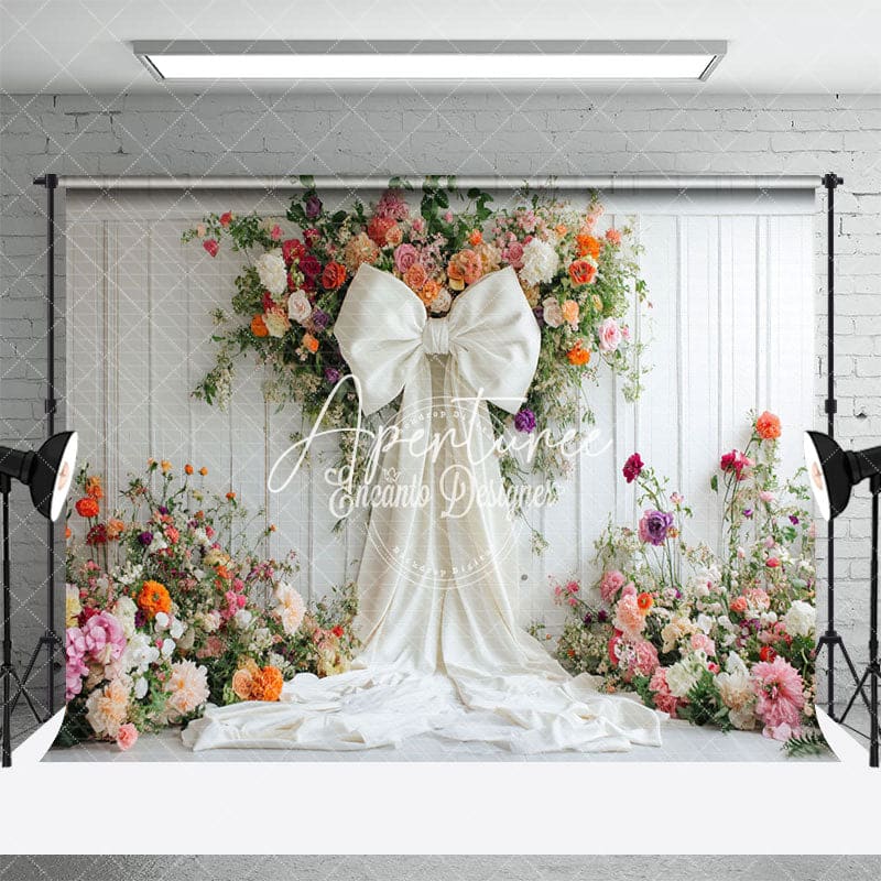 Aperturee - Aperturee Romantic Colorful Floral White Bow Wedding Backdrop