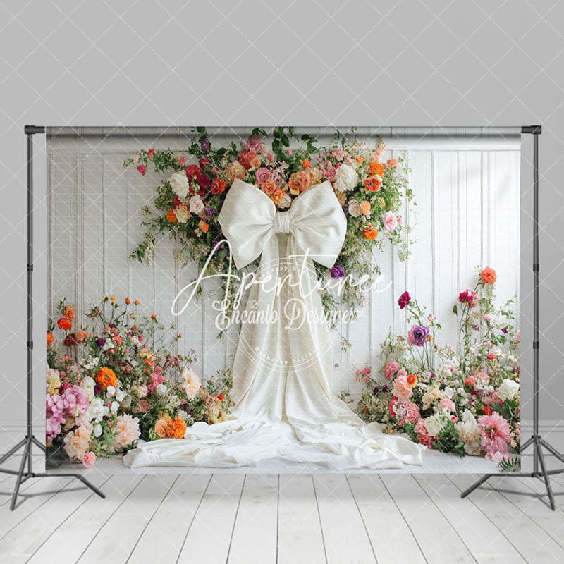 Aperturee - Aperturee Romantic Colorful Floral White Bow Wedding Backdrop