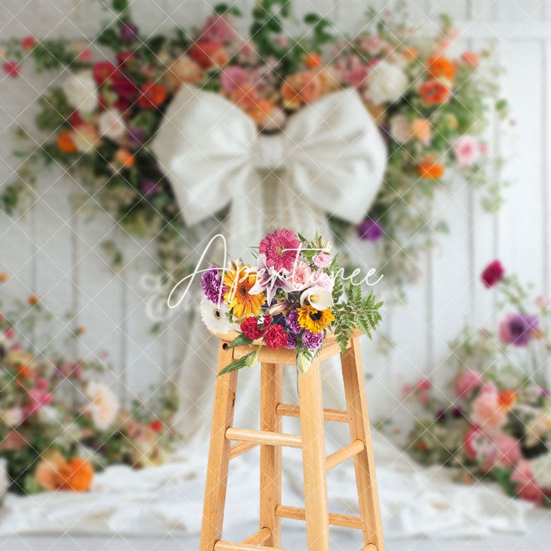 Aperturee - Aperturee Romantic Colorful Floral White Bow Wedding Backdrop