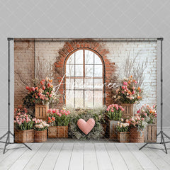 Aperturee - Aperturee Romantic Colorful Spring Floral Brick Window Backdrop