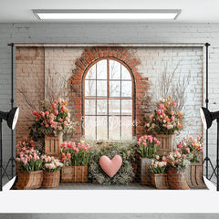 Aperturee - Aperturee Romantic Colorful Spring Floral Brick Window Backdrop