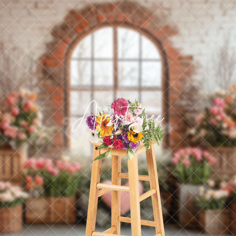 Aperturee - Aperturee Romantic Colorful Spring Floral Brick Window Backdrop