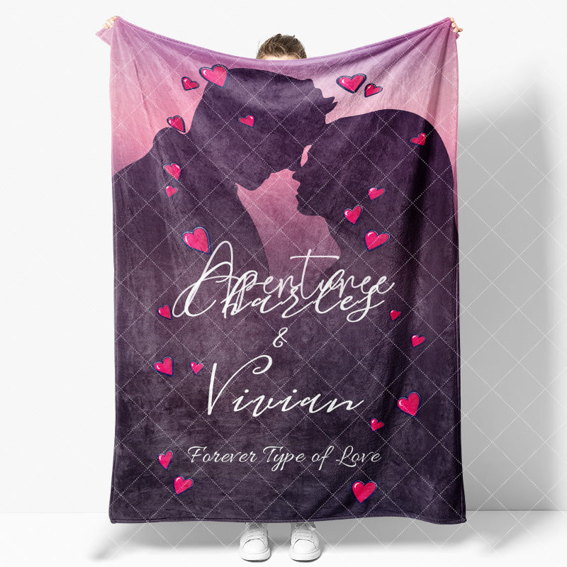 Aperturee - Aperturee Romantic Couple Silhouette Hearts Custom Name Blanket