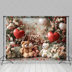 Aperturee - Aperturee Romantic Floral Balloon Bear Valentines Day Backdrop