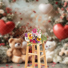 Aperturee - Aperturee Romantic Floral Balloon Bear Valentines Day Backdrop