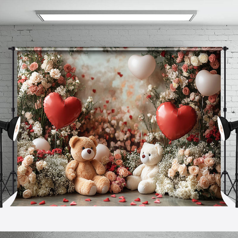 Aperturee - Aperturee Romantic Floral Balloon Bear Valentines Day Backdrop