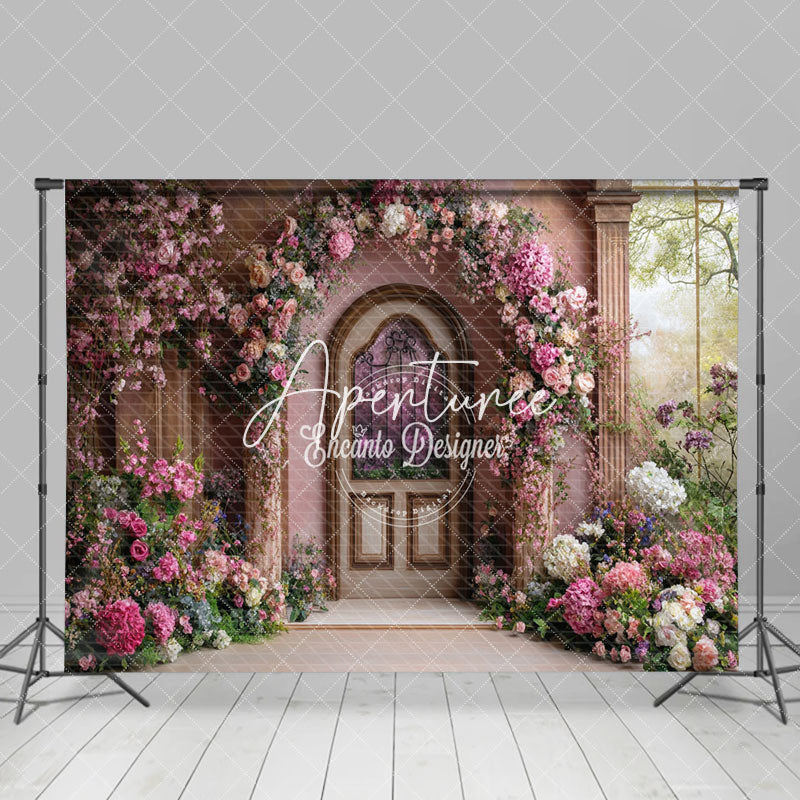 Aperturee - Aperturee Romantic Floral Door Garden Scene Wedding Backdrop