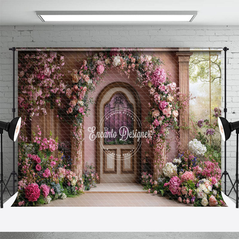 Aperturee - Aperturee Romantic Floral Door Garden Scene Wedding Backdrop