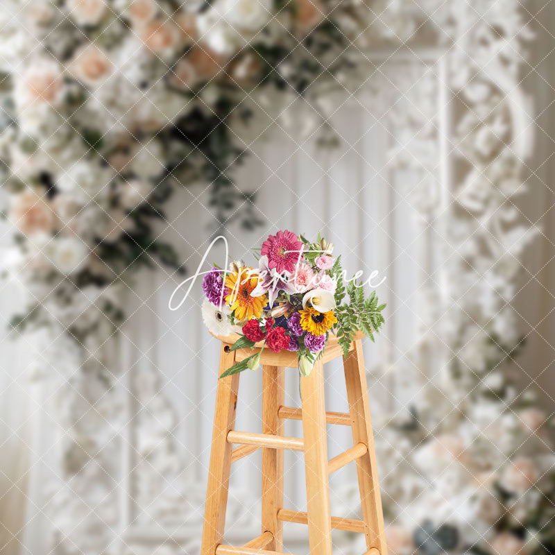 Aperturee - Aperturee Romantic Floral Holy White Wedding Photo Backdrop