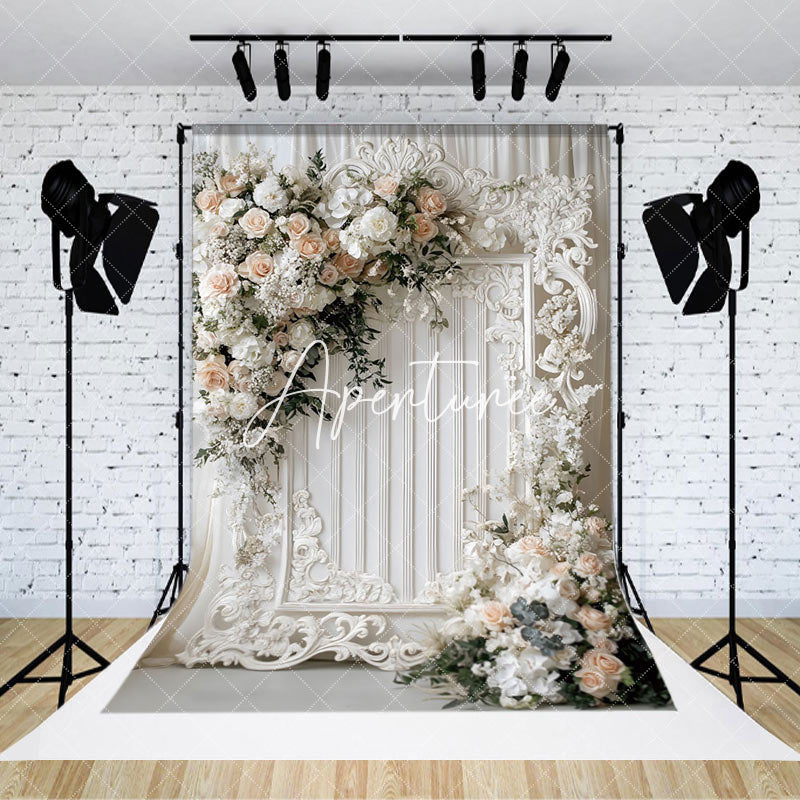 Aperturee - Aperturee Romantic Floral Holy White Wedding Photo Backdrop