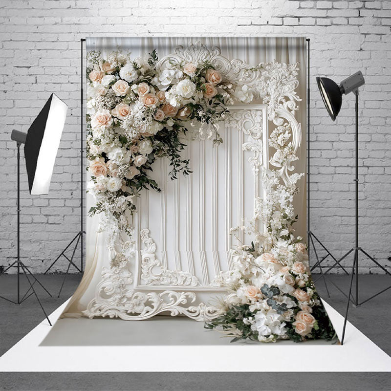 Aperturee - Aperturee Romantic Floral Holy White Wedding Photo Backdrop