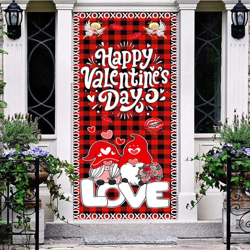 Aperturee - Aperturee Romantic Gnome Angel Plaid Valentines Day Door Cover