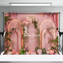 Aperturee - Aperturee Romantic Pink Arch Floral Leaves Wedding Backdrop