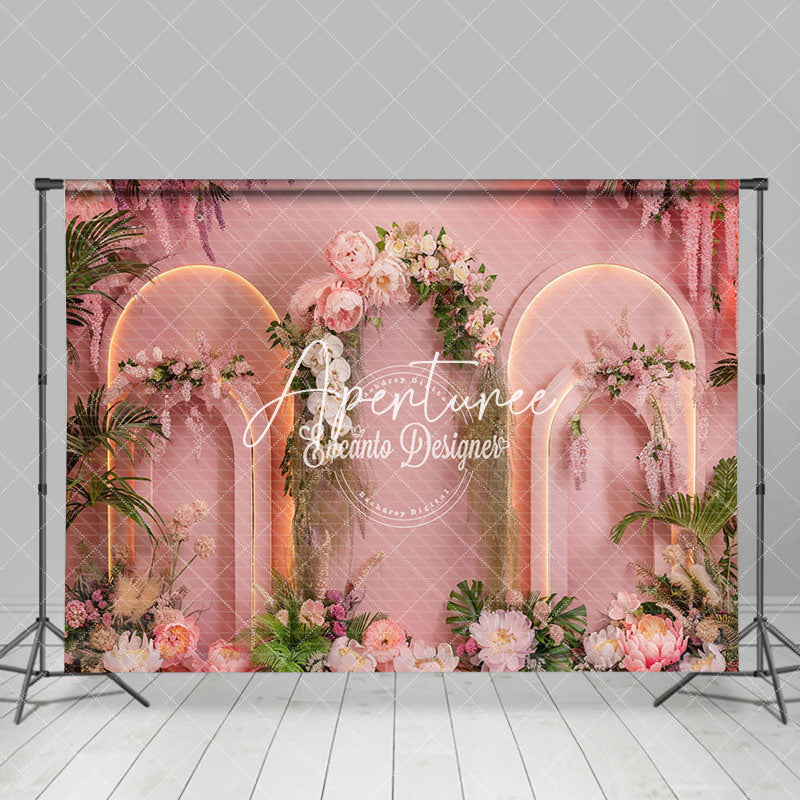 Aperturee - Aperturee Romantic Pink Arch Floral Leaves Wedding Backdrop