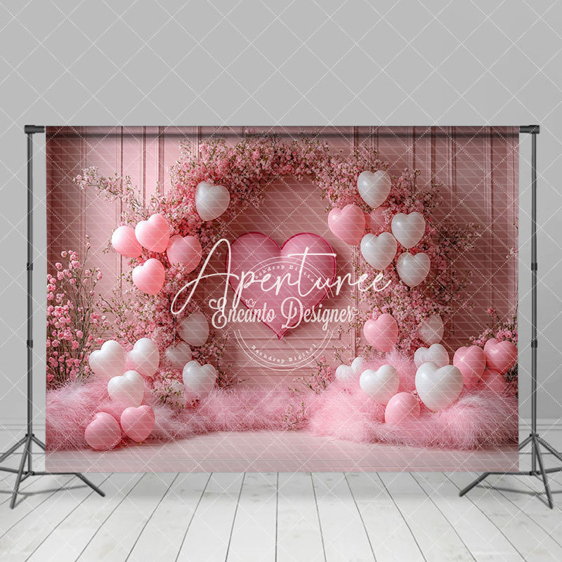 Aperturee - Aperturee Romantic Pink Balloons Floral Valentines Day Backdrop