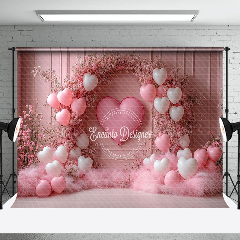 Aperturee - Aperturee Romantic Pink Balloons Floral Valentines Day Backdrop